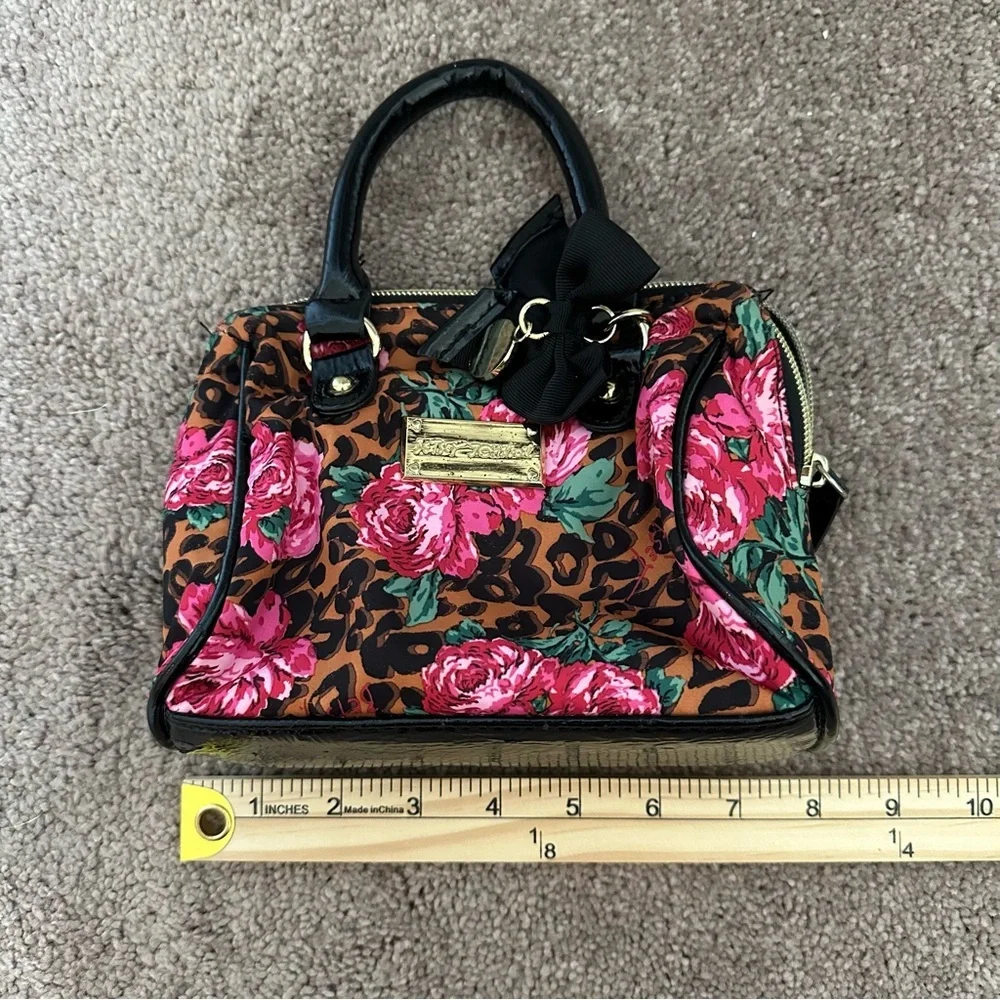 Betsey Johnson Leopard Floral Mini Satchel Bag Y2K Bow Charm Top Handle Purse - Picture 6 of 8